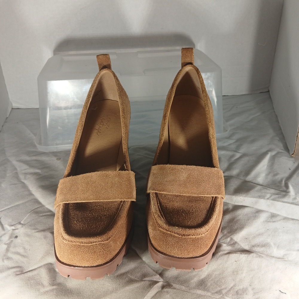 Crown Vintage Alivia Suede‎ Loafer Pumps 6.5 Tan Lug Sole Block Heel Academia - Picture 3 of 10